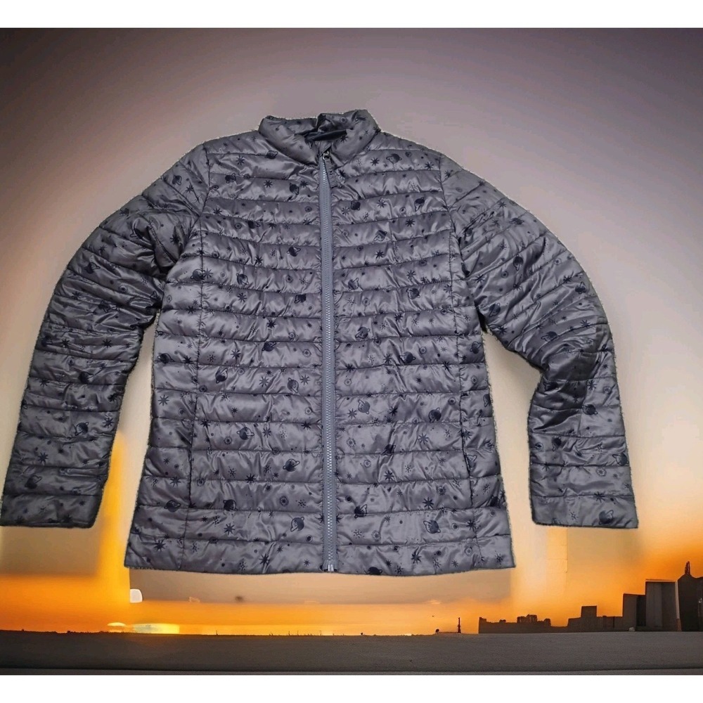 Lands' End Puffer Jacket Girls Large 14/16 Grey Good PrimaLoft Celestial Print